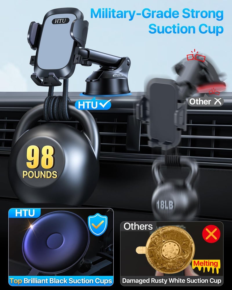 HTU 【98+LBS Strongest Suction & Military-Grade】Ultimate Car Phone Mount【Patent & Safety Certs】 Cell Phone Holder Truck Stand for Dashboard Windshield Vent for iPhone 17 Pro Max 16 15 Samsung (Light Grey) - Image 3
